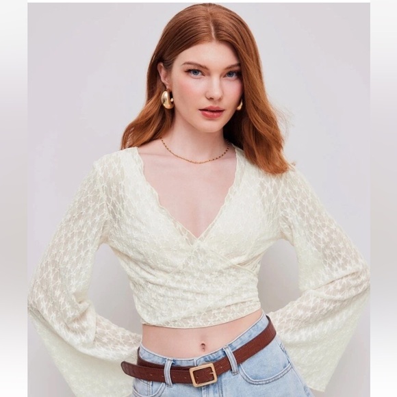 Cider Tops - Cider Cream Lace Wrap Crop Top with Bell Sleeves